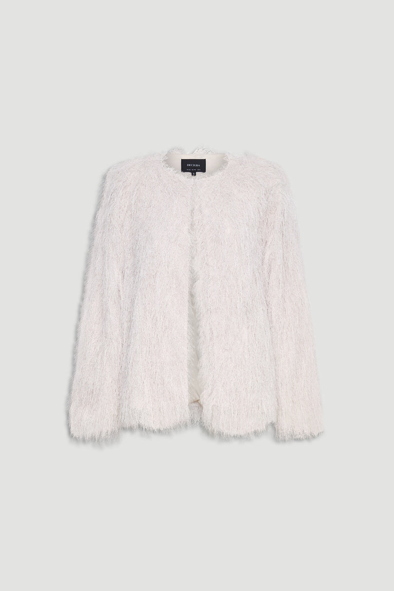 Ivory textured fringed jacket with a soft, plush finish and a relaxed, open-front silhouette.