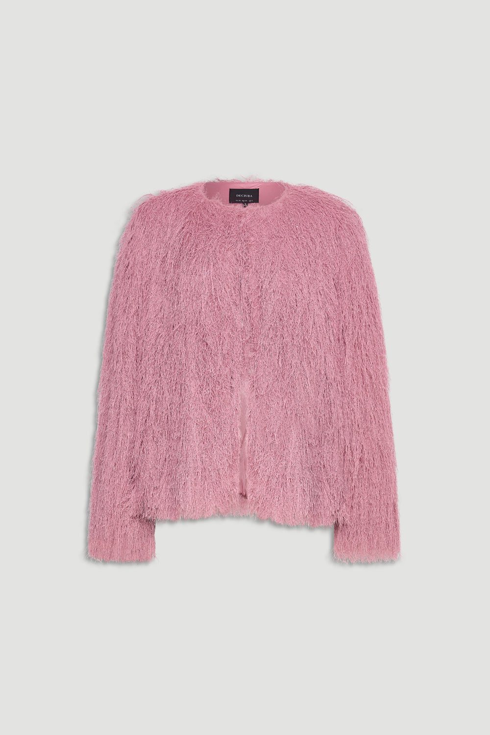 Soft pink fringed jacket with a relaxed fit, offering a stylish and textured layering option for women.