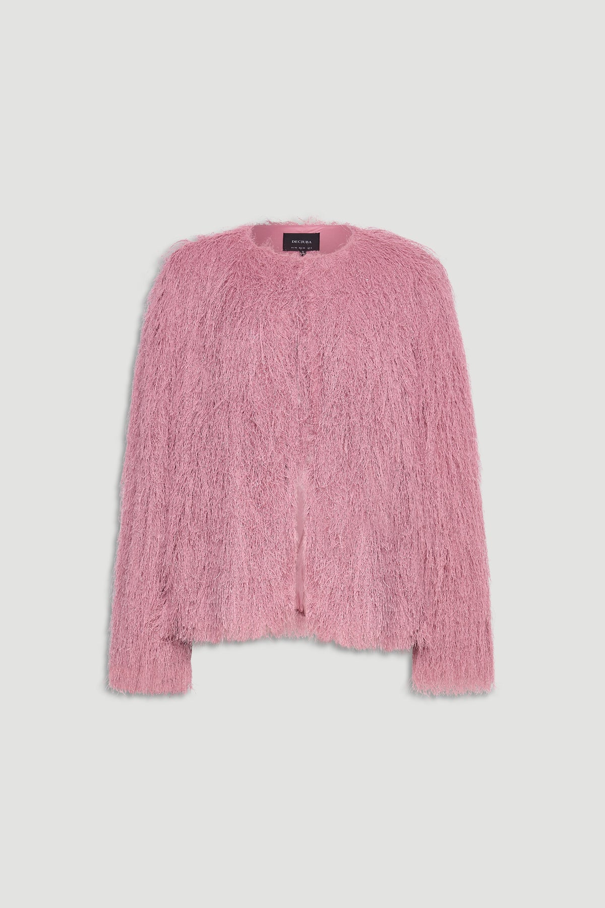 Soft pink fringed jacket with a relaxed fit, offering a stylish and textured layering option for women.
