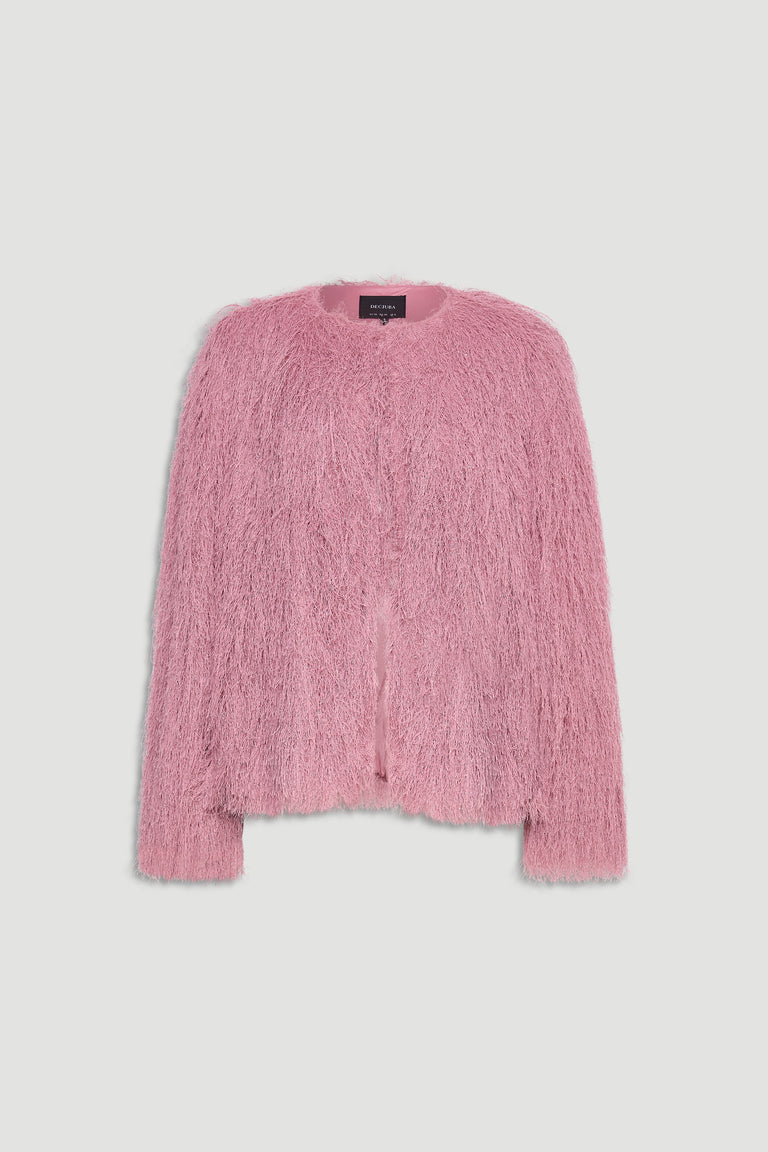 Soft pink fringed jacket with a relaxed fit, offering a stylish and textured layering option for women.