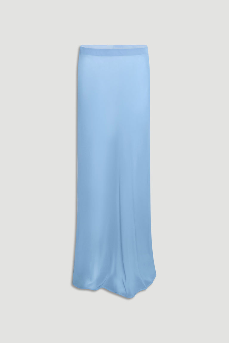 Light blue sheer maxi skirt with a smooth, flowing silhouette and a subtle waistband detail.