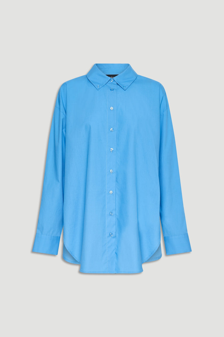 Azure blue oversized shirt with button-down front and classic collar for a relaxed, stylish everyday look