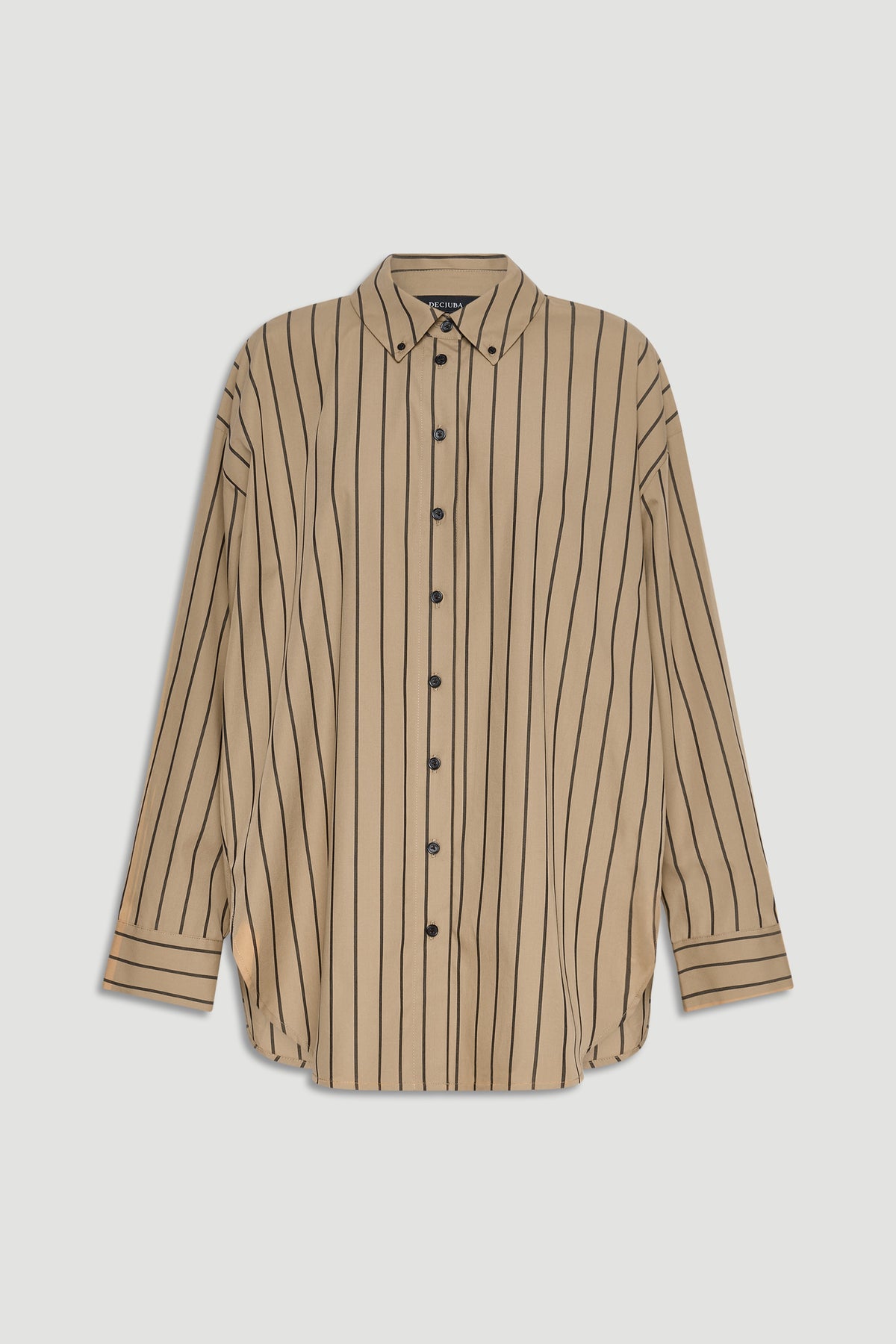 Oversized tan shirt with black vertical stripes and button-down front, featuring a classic collar and cuffed sleeves.