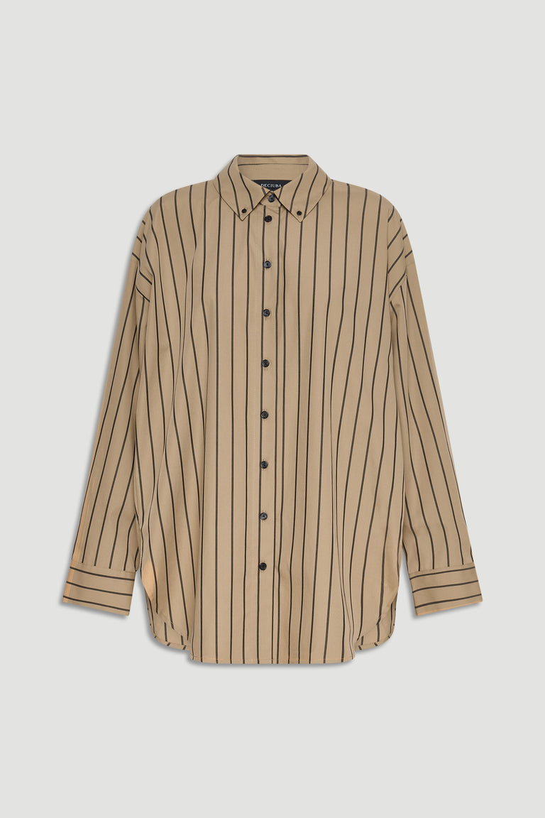 Oversized tan shirt with black vertical stripes and button-down front, featuring a classic collar and cuffed sleeves.
