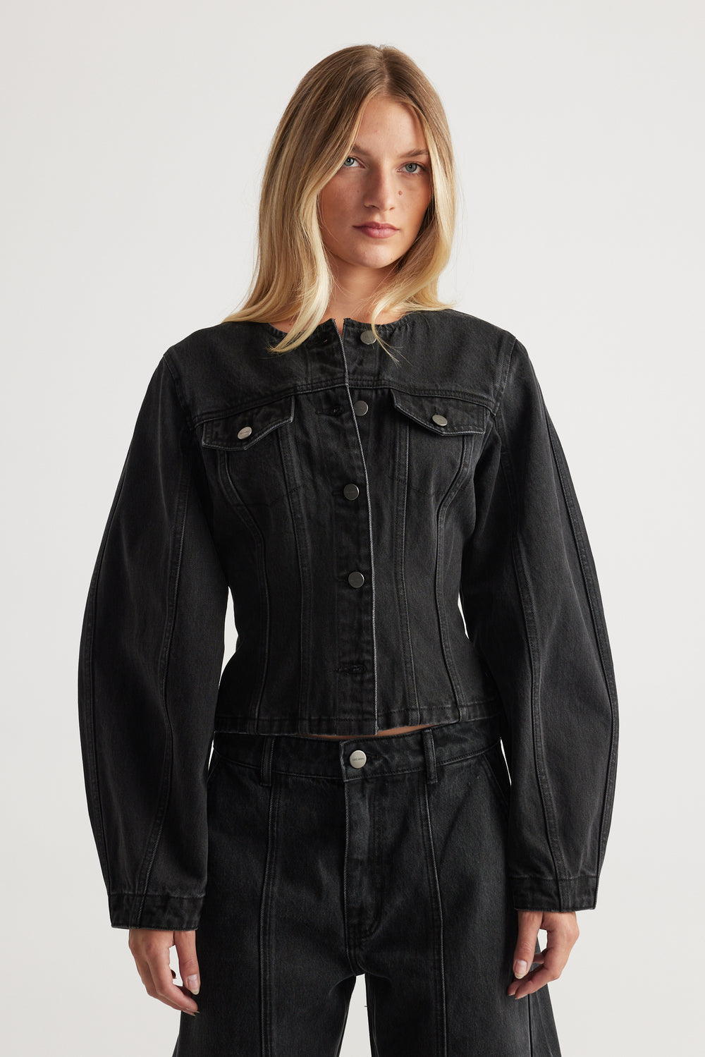 Amaya Barrel Denim Jacket in black denim with structured silhouette and voluminous sleeves by DECJUBA Australian fashion brand