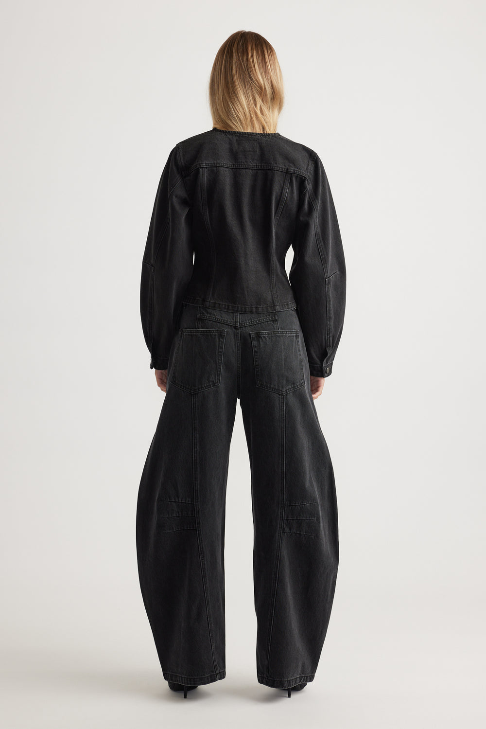 Amaya Barrel Denim Jacket in faded black denim with tailored fit and voluminous sleeves by DECJUBA Australian fashion brand