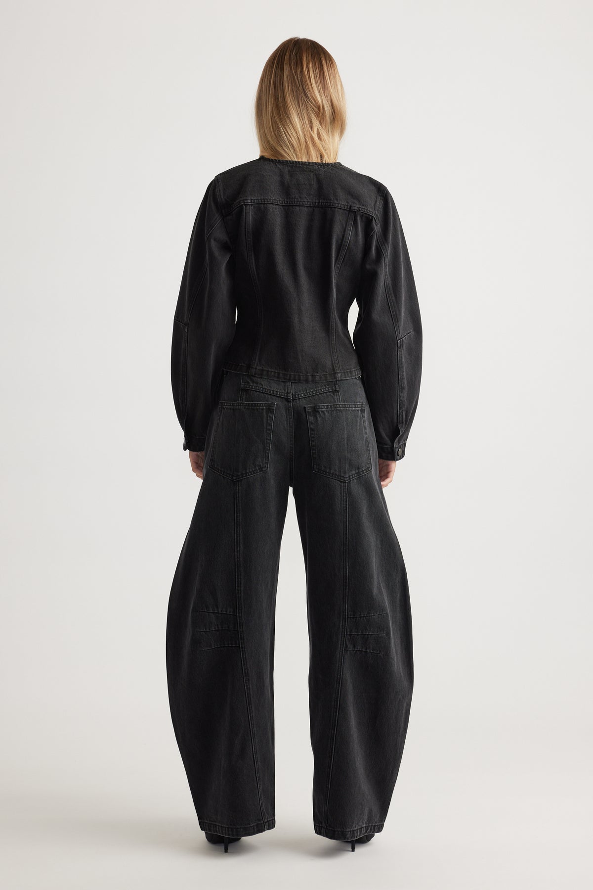 Amaya Barrel Denim Jacket in faded black denim with tailored fit and voluminous sleeves by DECJUBA Australian fashion brand