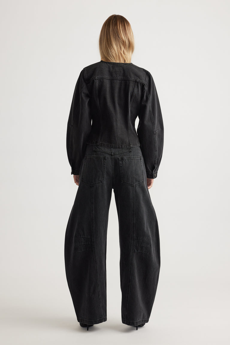 Amaya Barrel Denim Jacket in faded black denim with tailored fit and voluminous sleeves by DECJUBA Australian fashion brand