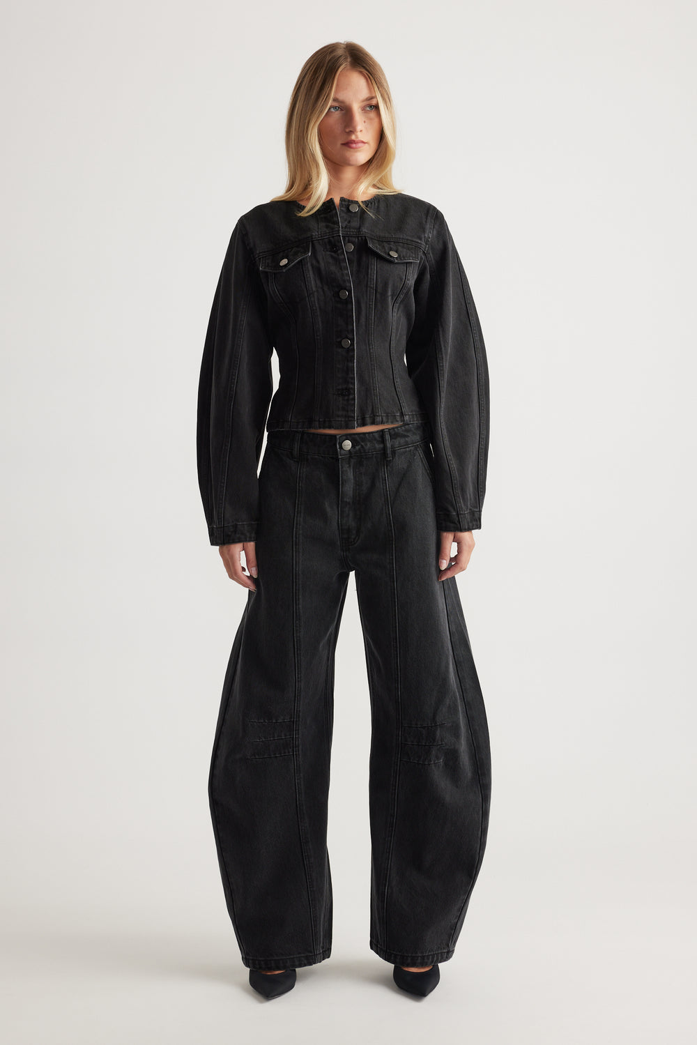 Amaya Barrel Denim Jacket in washed black with exaggerated shoulders and tailored fit by DECJUBA Australian fashion brand
