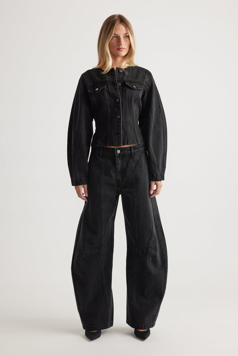 Amaya Barrel Denim Jacket in washed black with exaggerated shoulders and tailored fit by DECJUBA Australian fashion brand