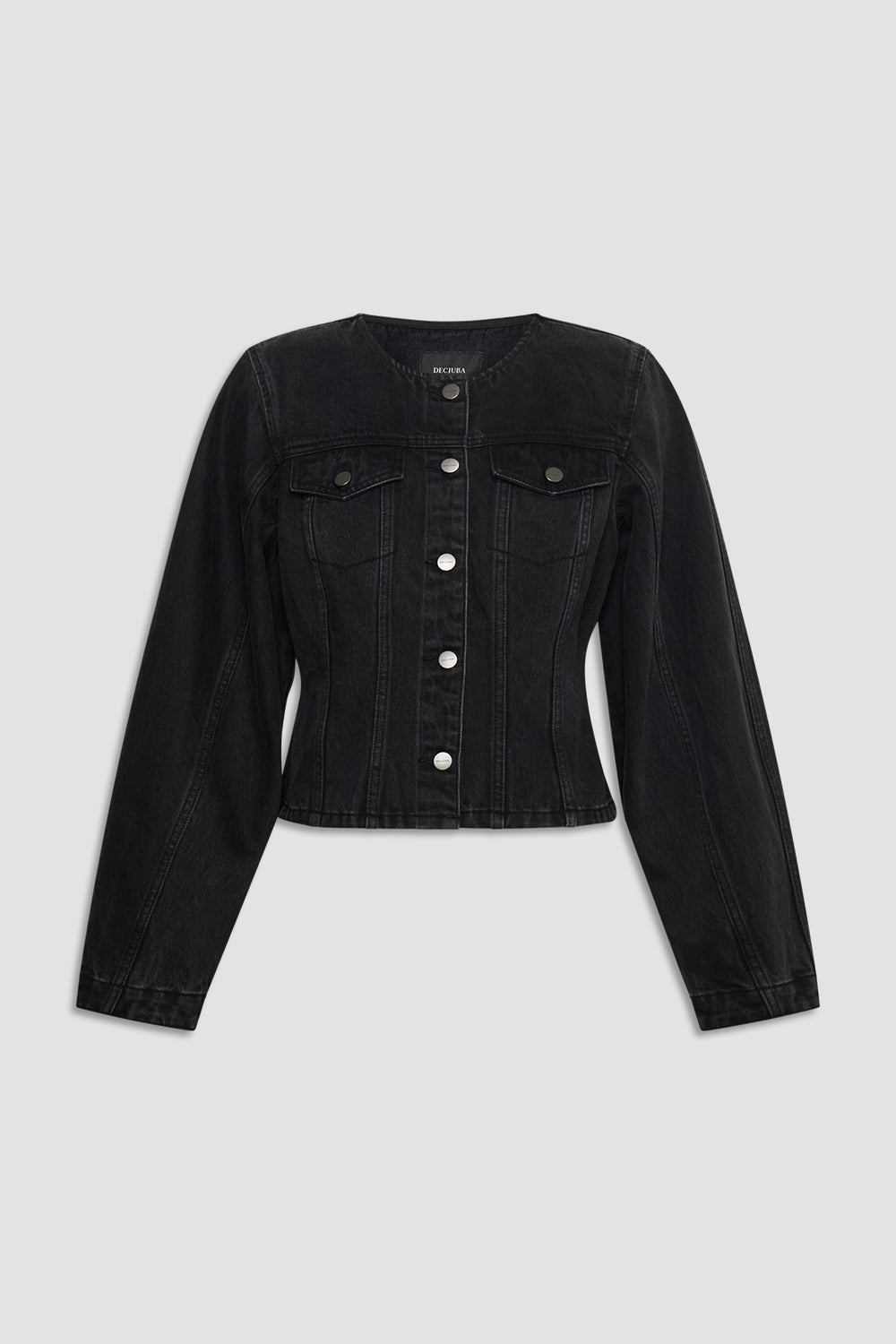 Amaya Barrel Denim Jacket in faded black with tailored waist and classic button front by DECJUBA Australian fashion brand