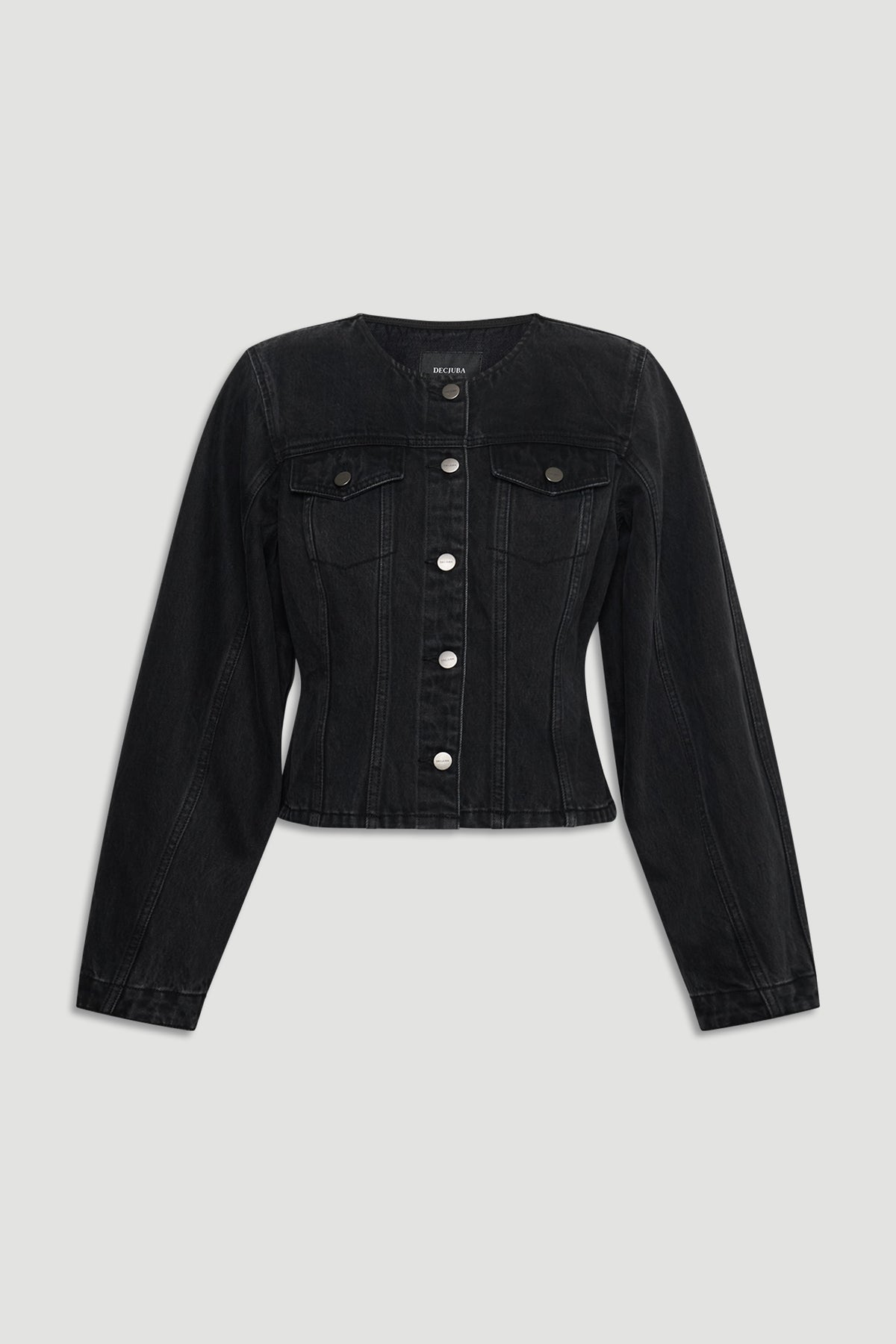 Amaya Barrel Denim Jacket in faded black with tailored waist and classic button front by DECJUBA Australian fashion brand