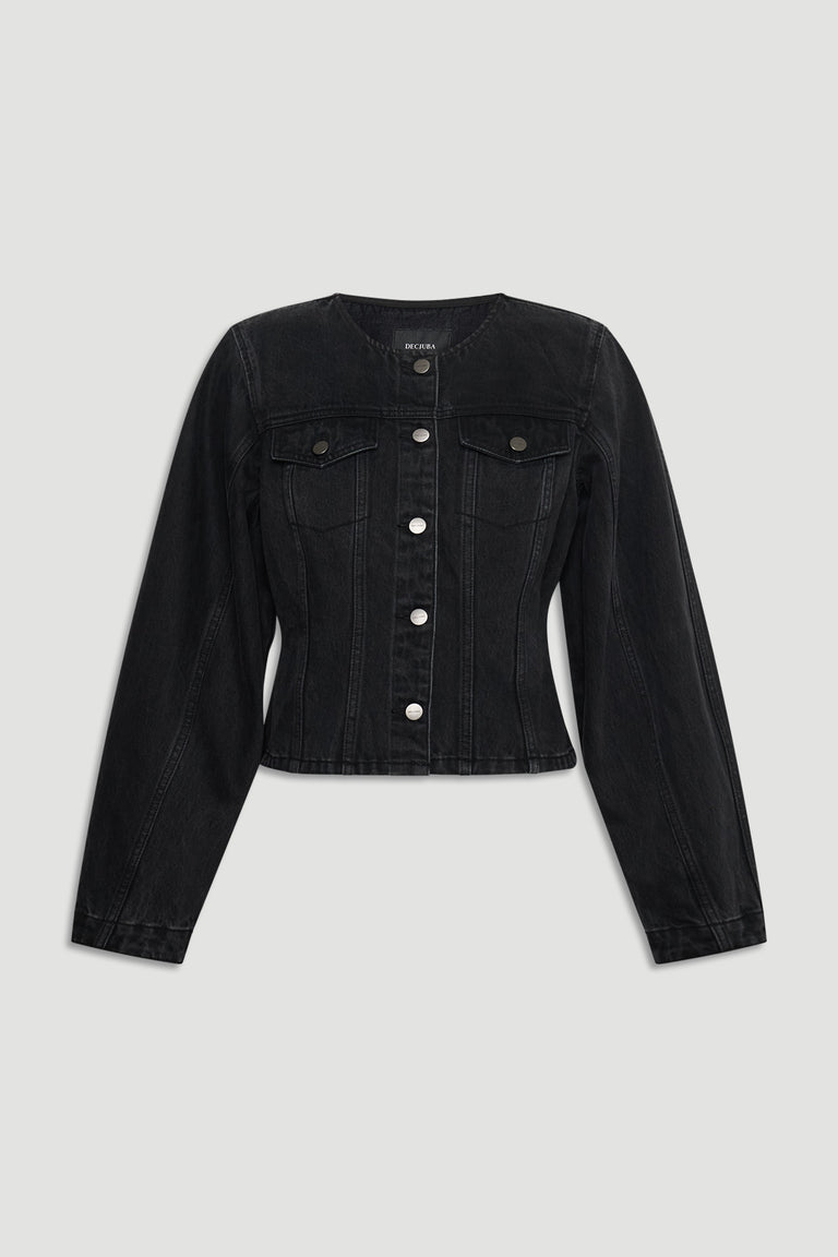 Amaya Barrel Denim Jacket in faded black with tailored waist and classic button front by DECJUBA Australian fashion brand