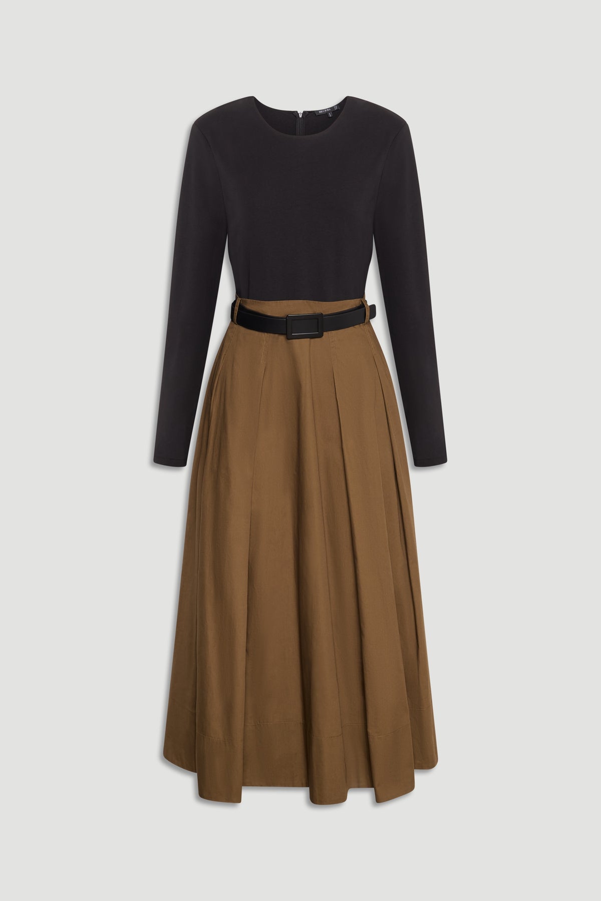 Elegant long sleeve dress with a fitted black top and flowing mid-length olive skirt accented by a black belt