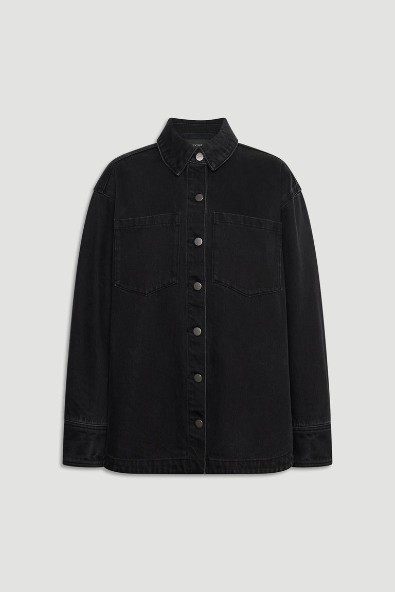 Black denim shirt with front button closure, chest pockets, and classic collar for timeless casual style