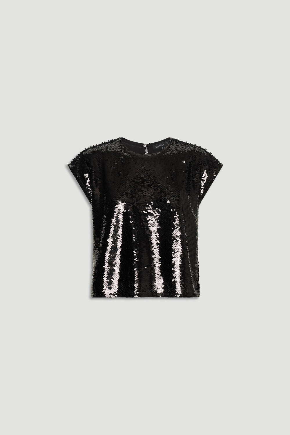 Black sequin shell top with a relaxed fit and subtle cap sleeves for a sparkling, versatile wardrobe staple.