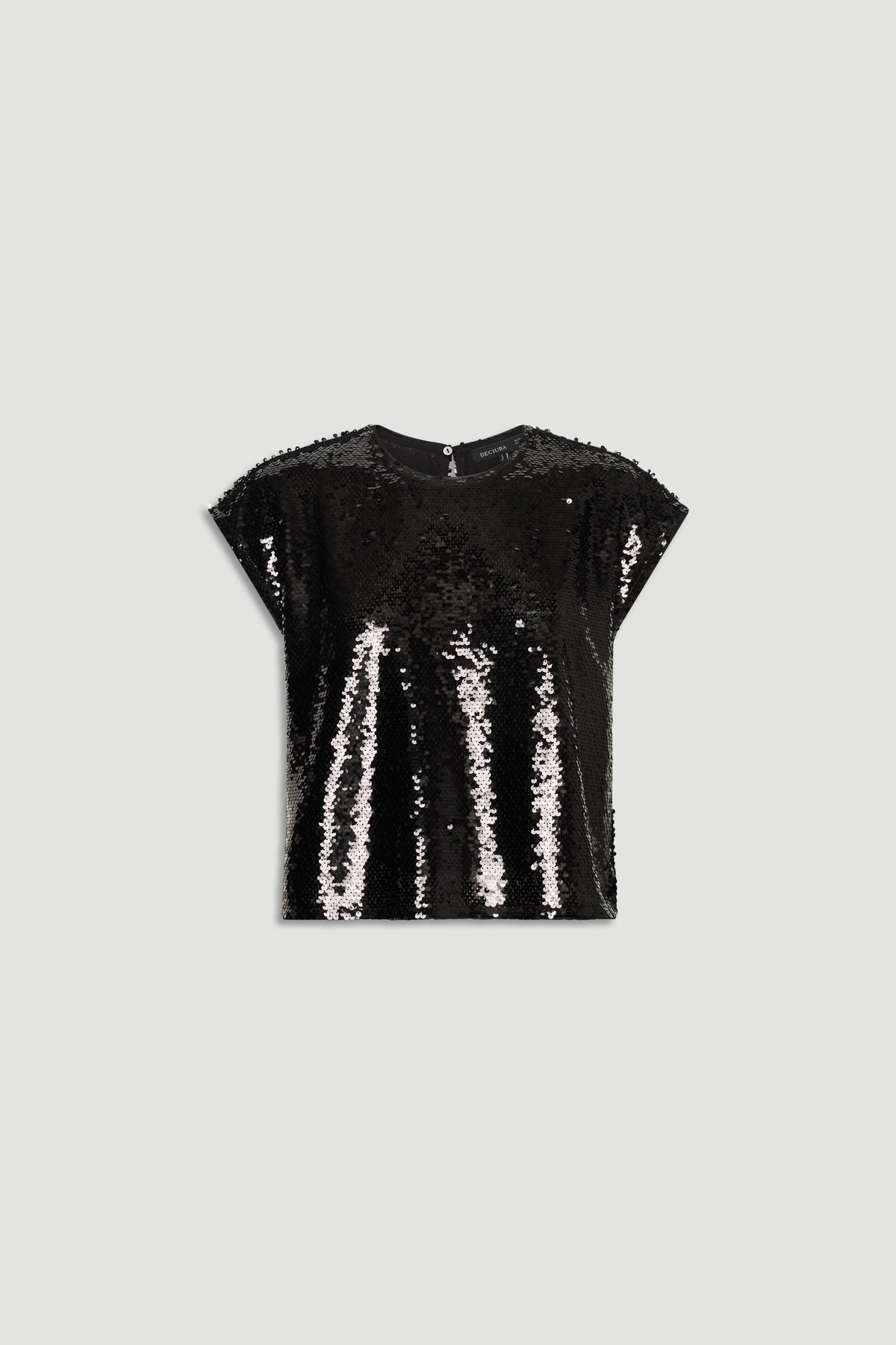 Black sequin shell top with a relaxed fit and subtle cap sleeves for a sparkling, versatile wardrobe staple.