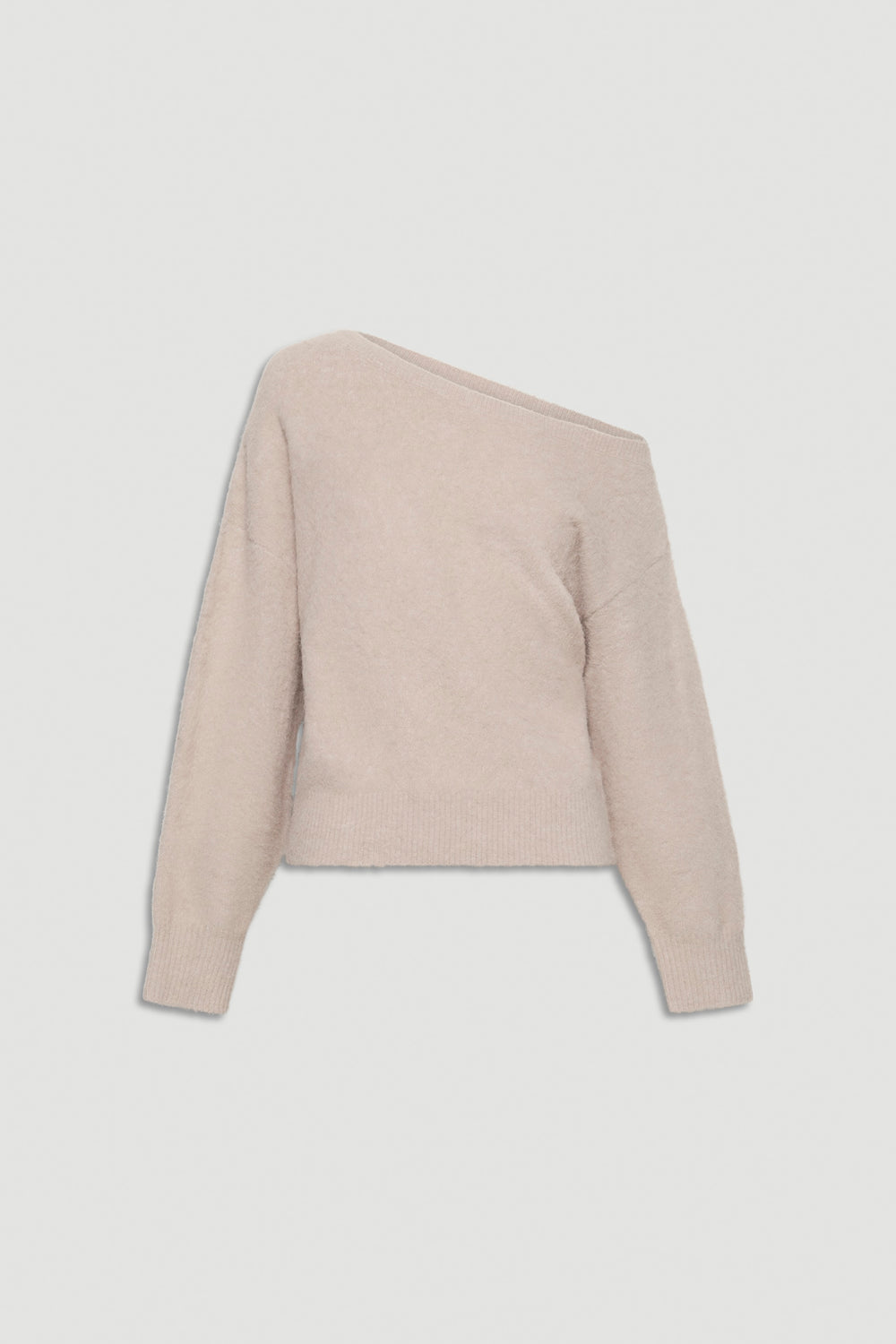 Soft beige knit sweater with a relaxed fit and a stylish asymmetrical neckline for effortless layering.