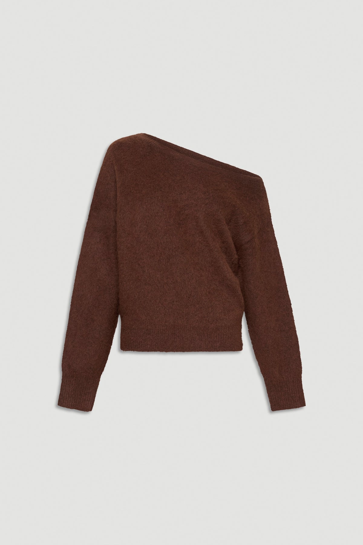 Brown asymmetric knit sweater with one shoulder exposed and long ribbed cuffs and hem