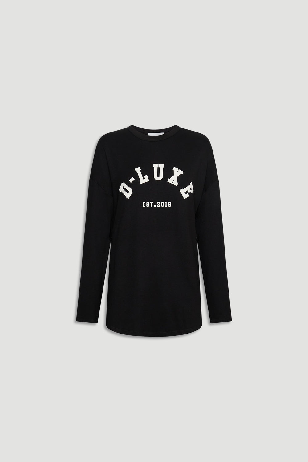 Black long sleeve top with bold white D-Luxe logo print and a relaxed fit for easy everyday wear