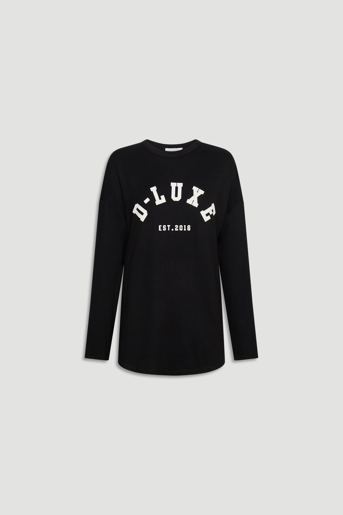 Black long sleeve top with bold white D-Luxe logo print and a relaxed fit for easy everyday wear