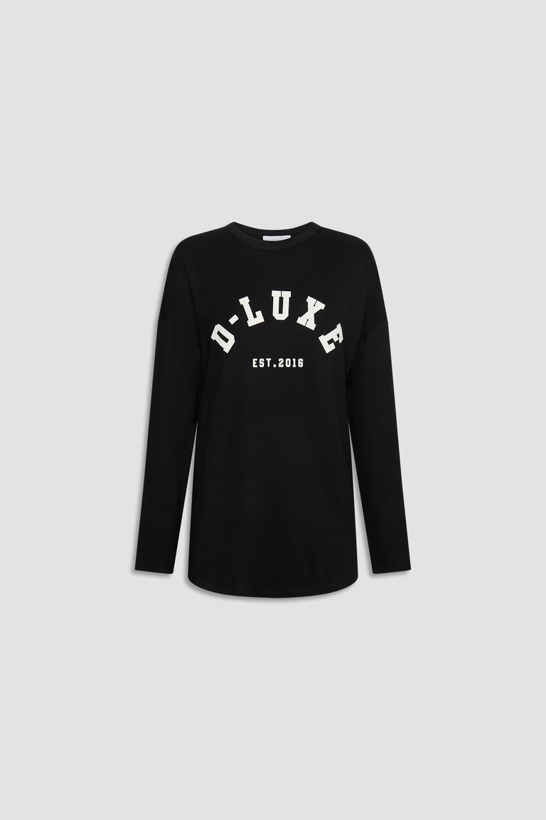 Black long sleeve top with bold white D-Luxe logo print and a relaxed fit for easy everyday wear