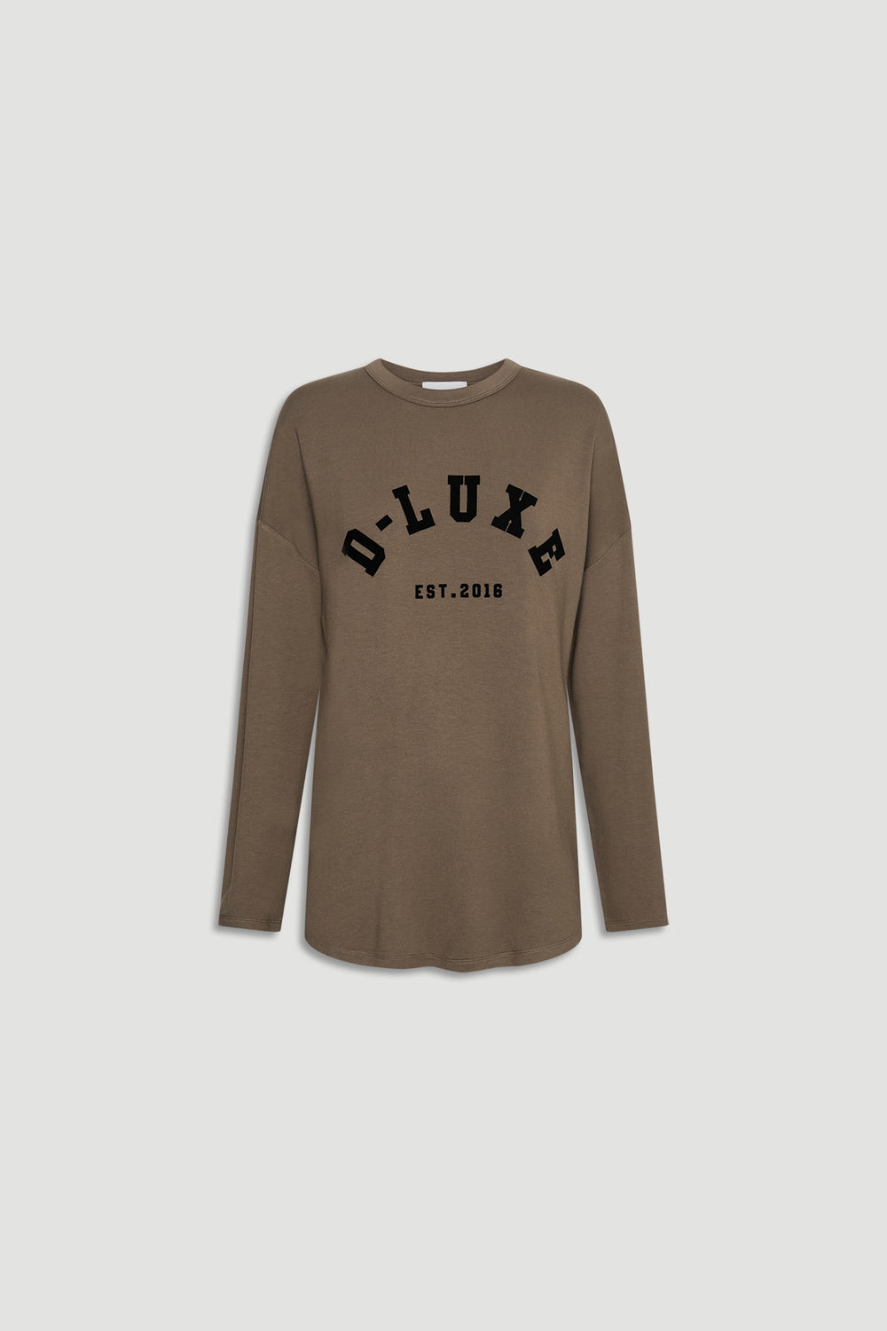 Earth-toned long sleeve top with bold black D-Luxe logo print, offering a relaxed fit for everyday casual wear.