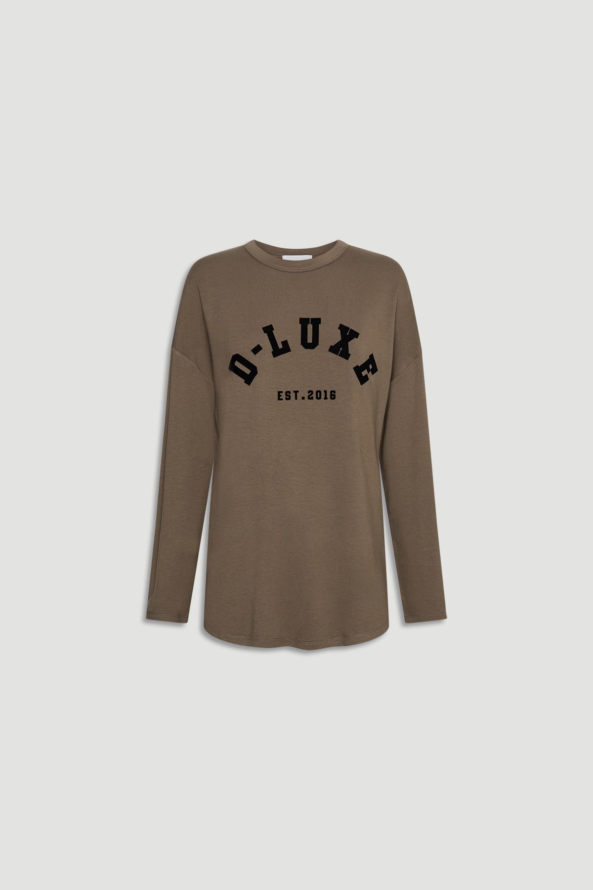 Earth-toned long sleeve top with bold black D-Luxe logo print, offering a relaxed fit for everyday casual wear.