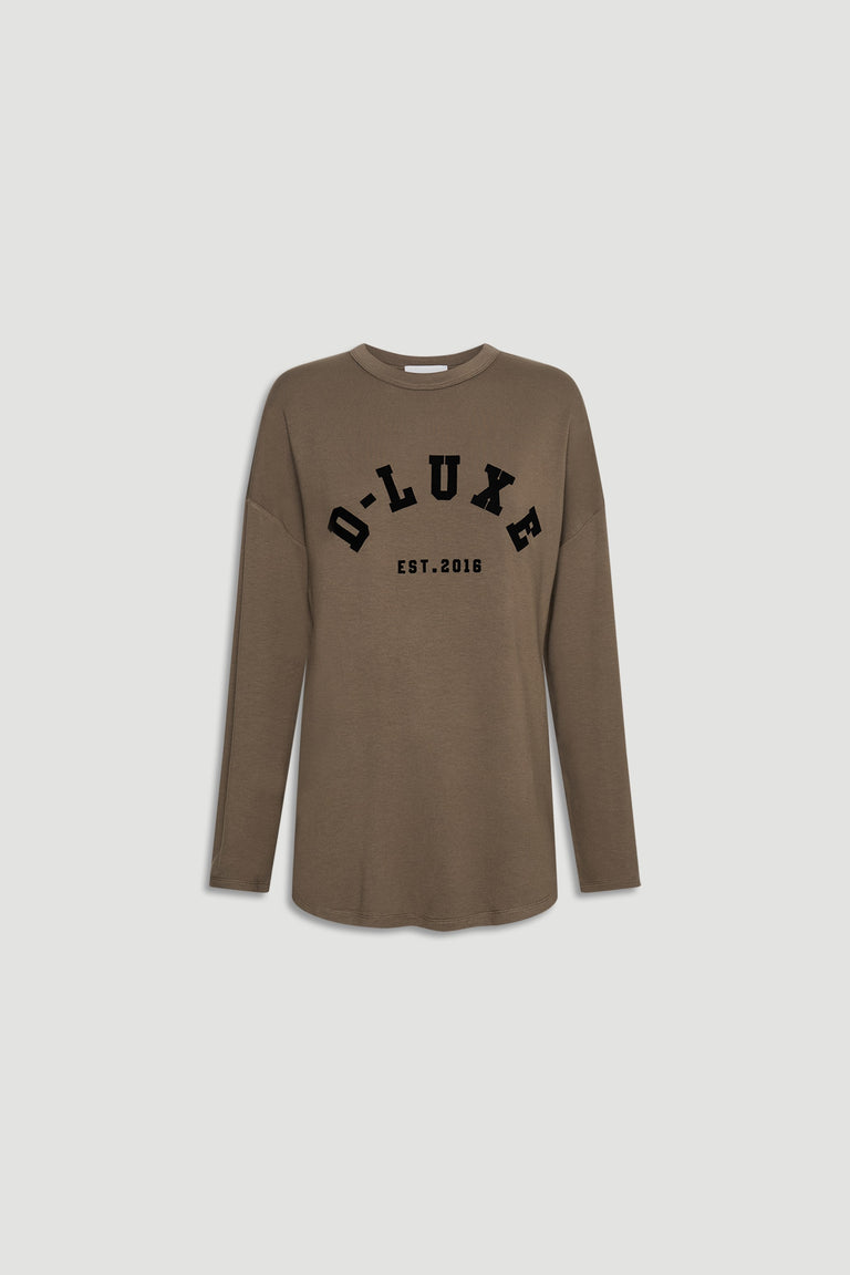 Earth-toned long sleeve top with bold black D-Luxe logo print, offering a relaxed fit for everyday casual wear.