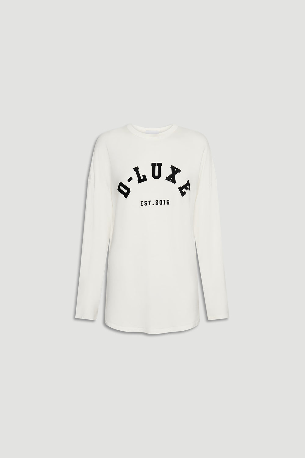 Off-white long sleeve top featuring bold black D-Luxe logo print and comfortable relaxed fit for everyday style