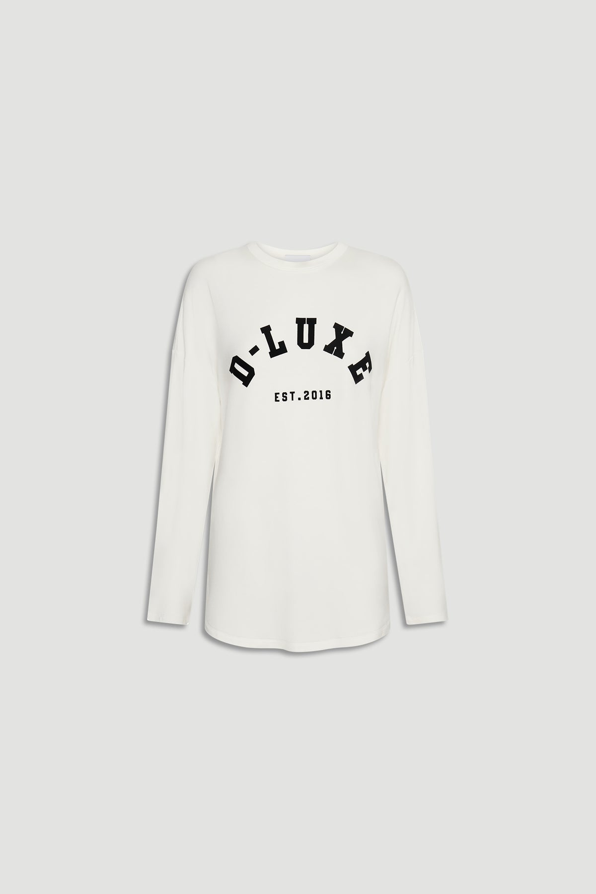Off-white long sleeve top featuring bold black D-Luxe logo print and comfortable relaxed fit for everyday style