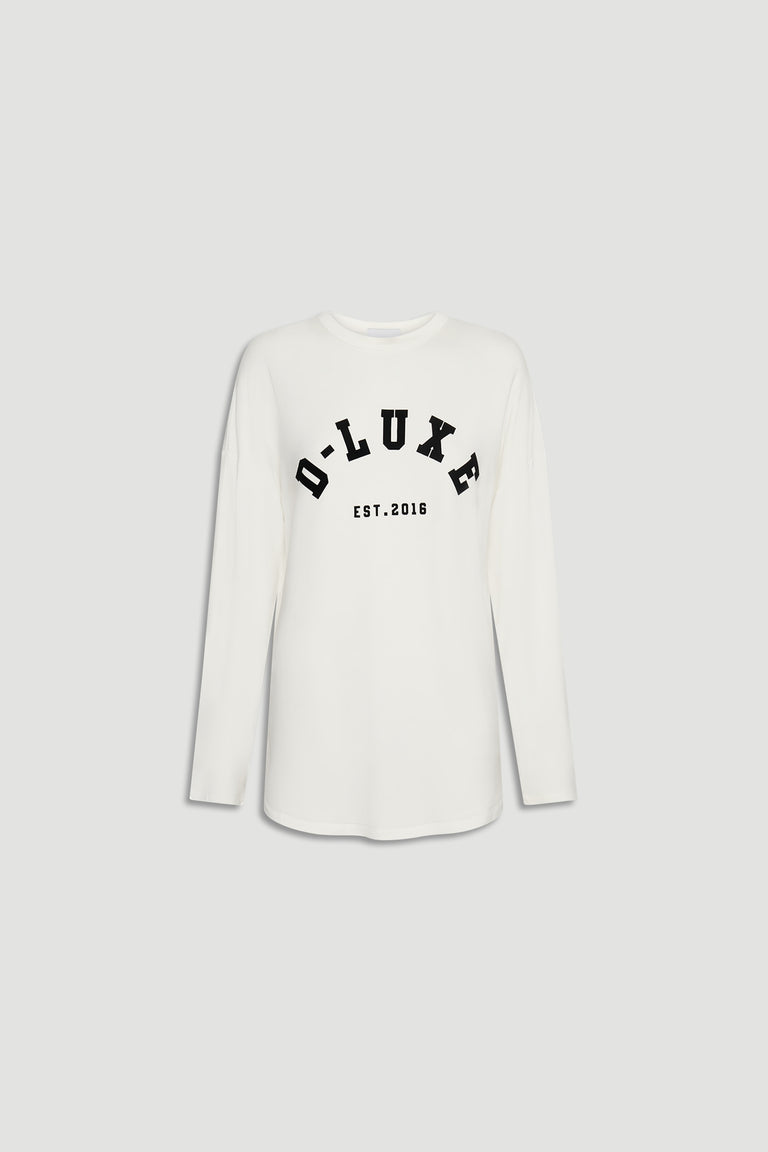 Off-white long sleeve top featuring bold black D-Luxe logo print and comfortable relaxed fit for everyday style