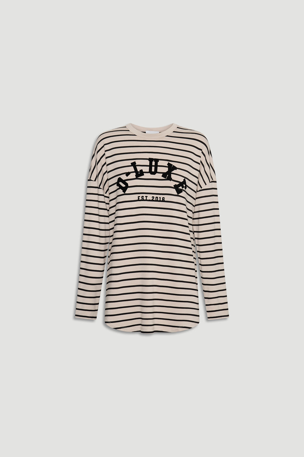 Beige and black striped long sleeve top with bold logo print and relaxed fit for effortless everyday style