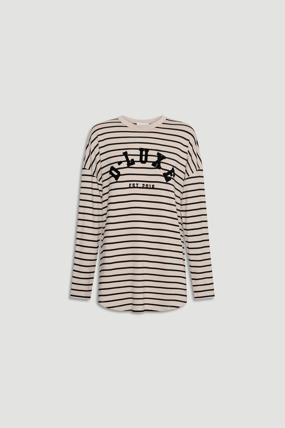 Beige and black striped long sleeve top with bold logo print and relaxed fit for effortless everyday style