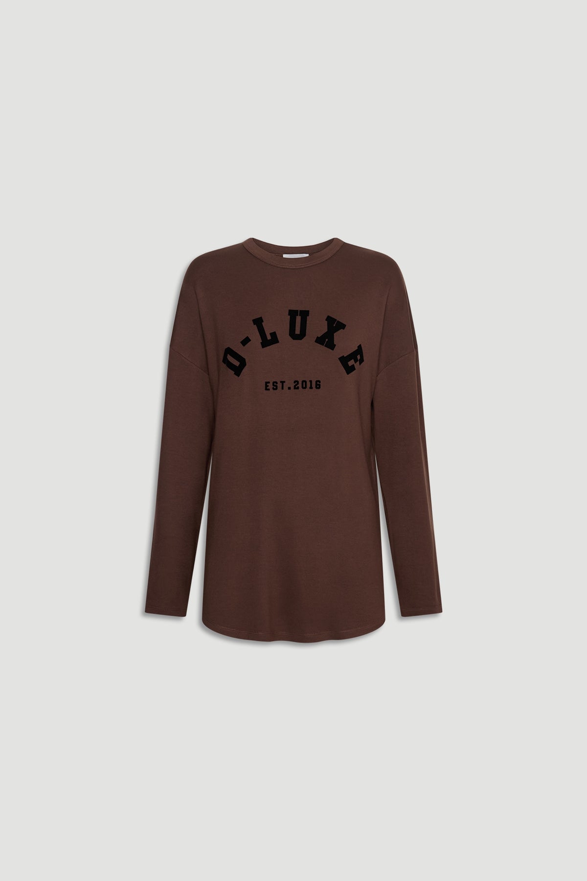 Long-sleeve brown top featuring a bold D-Luxe logo with an established year print, designed for everyday style.