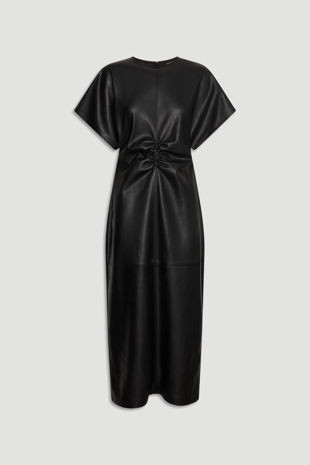 Black faux leather midi dress with short sleeves and gathered ruched detailing at the waist for a flattering fit