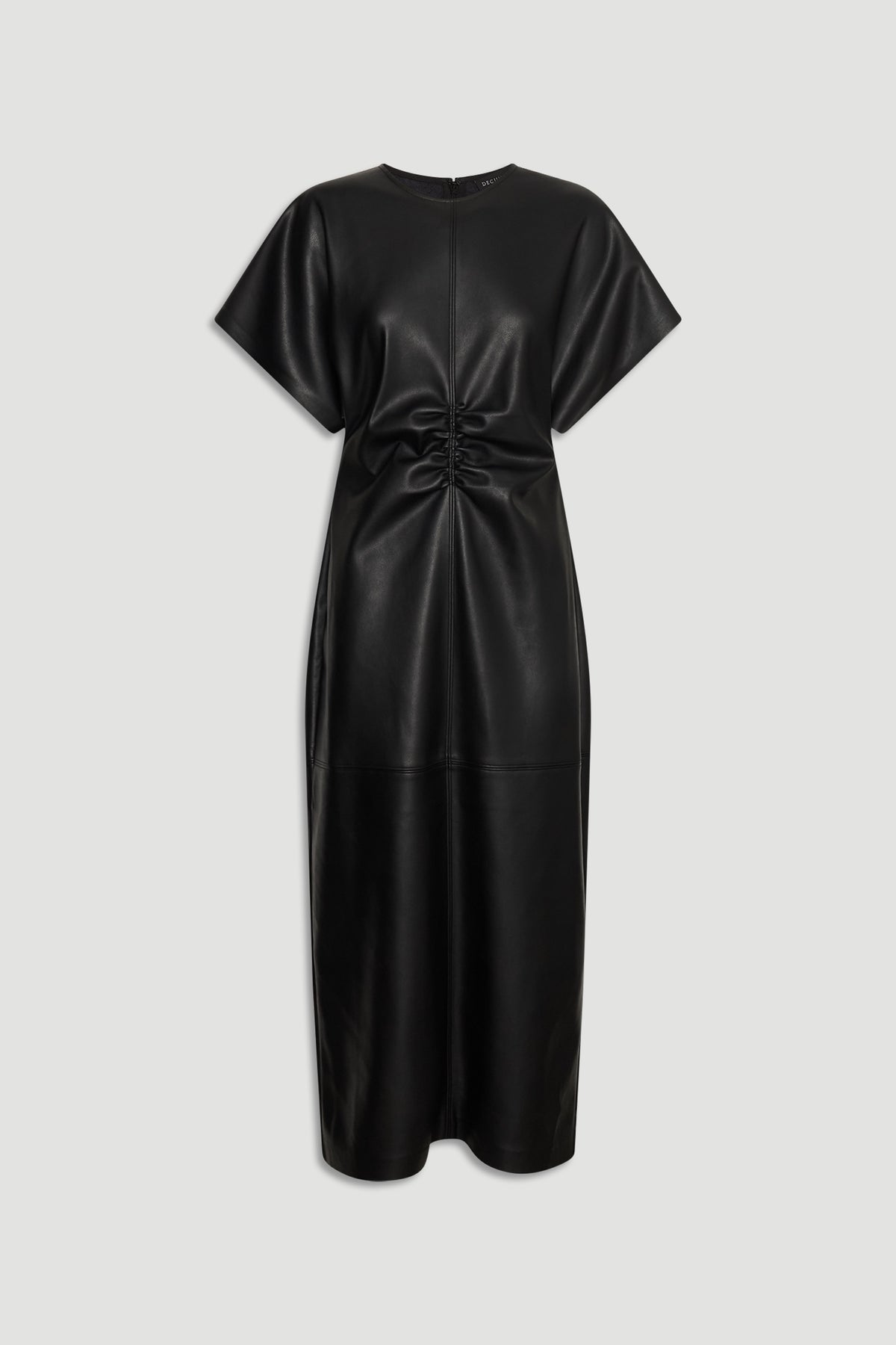 Black faux leather midi dress with short sleeves and gathered ruched detailing at the waist for a flattering fit