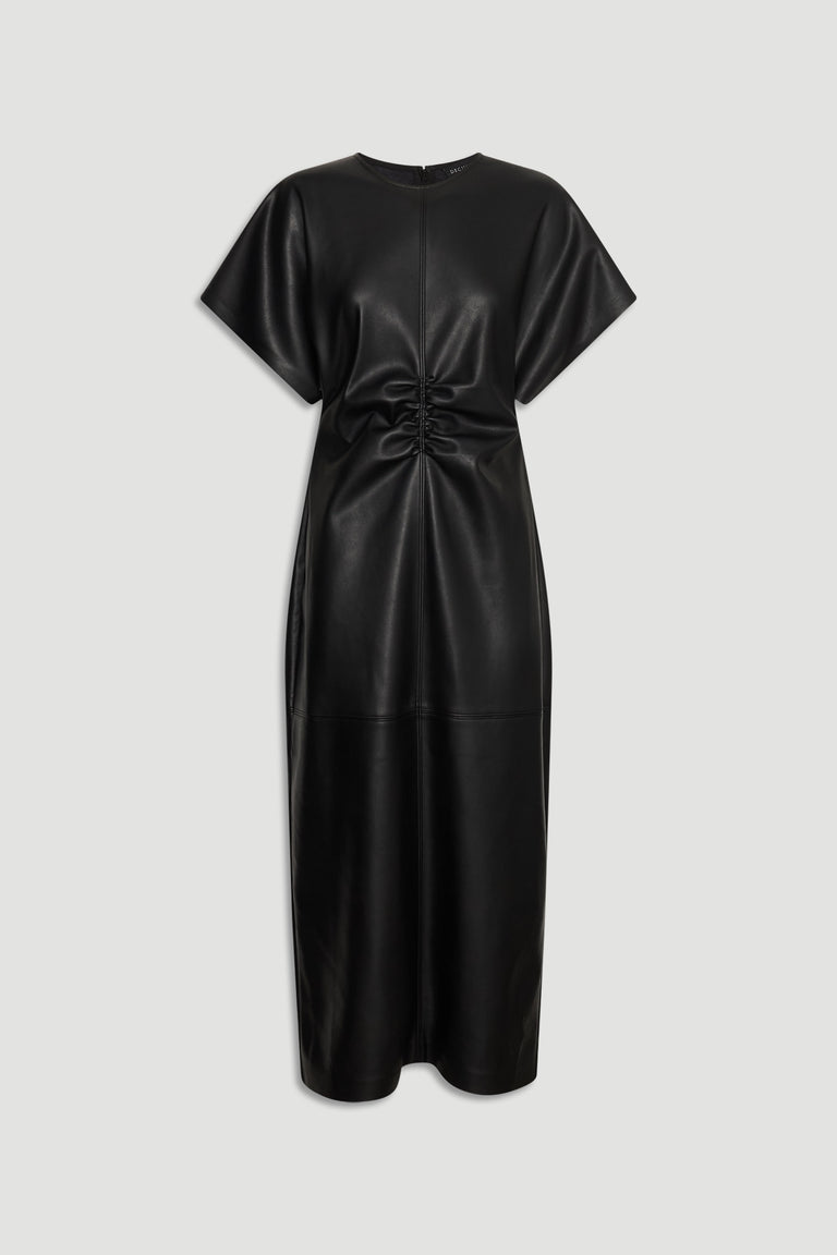 Black faux leather midi dress with short sleeves and gathered ruched detailing at the waist for a flattering fit