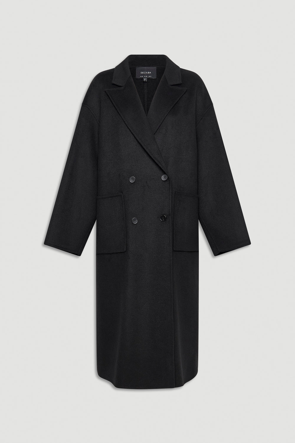 Double-breasted long black coat with wide lapels and large front pockets for a timeless stylish look
