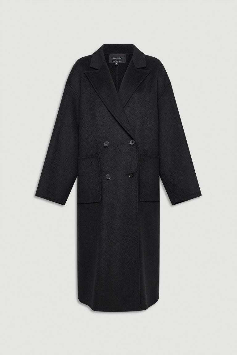 Double-breasted long black coat with wide lapels and large front pockets for a timeless stylish look
