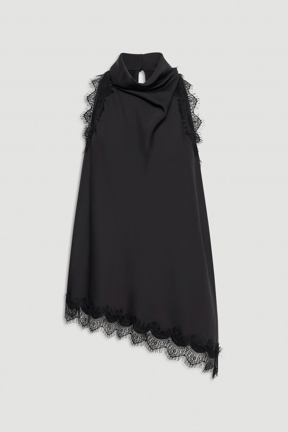 Black sleeveless halter top with lace trim along the sides and scalloped hem for an elegant finish