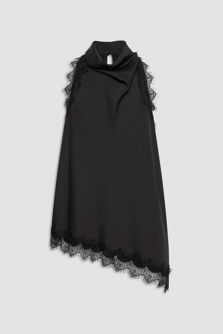 Black sleeveless halter top with lace trim along the sides and scalloped hem for an elegant finish