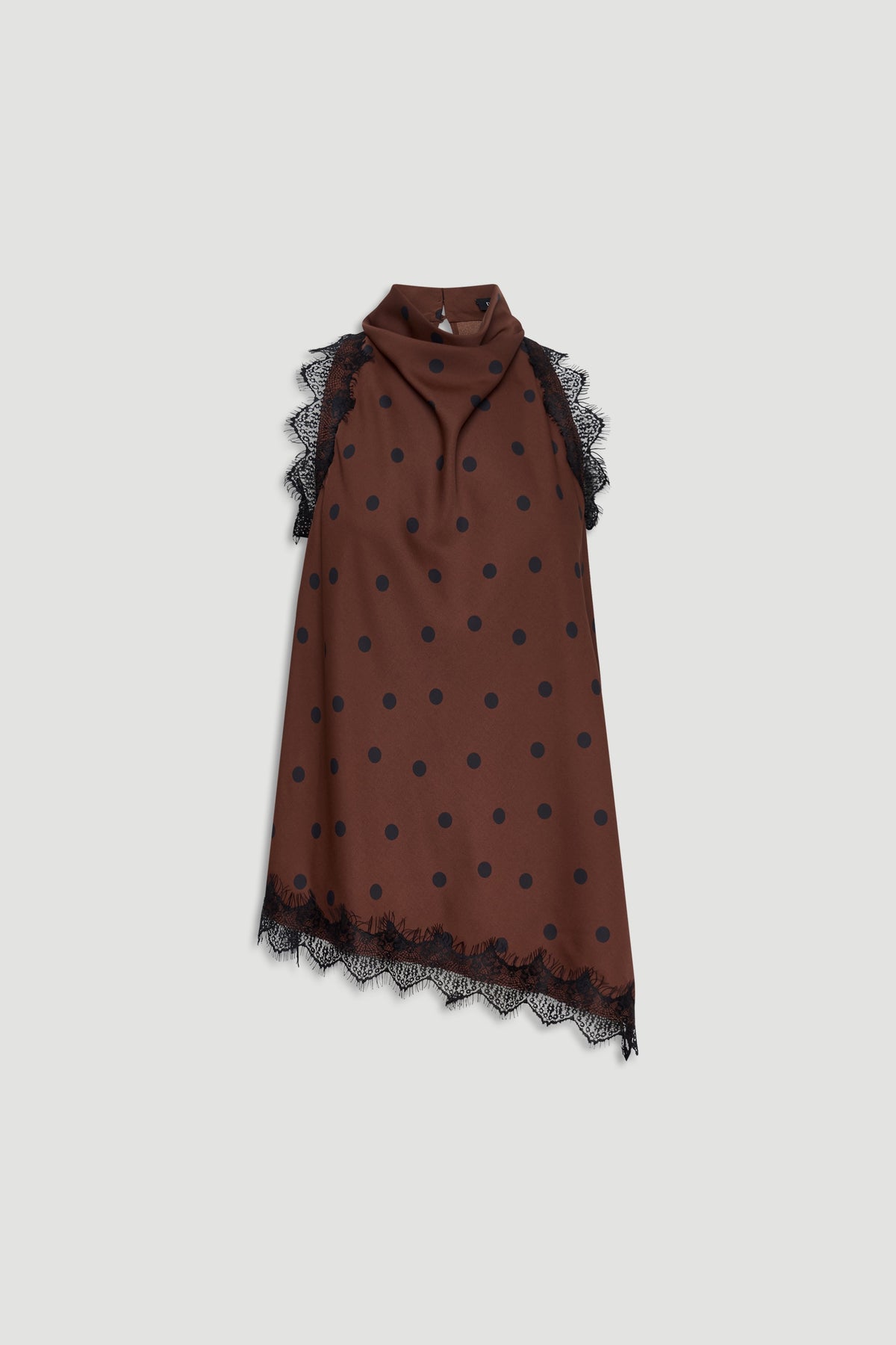 Sleeveless brown halter top with black polka dots and delicate lace trim along the edges for a feminine touch