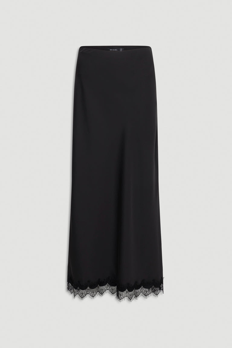 Black maxi skirt with delicate lace trim hem, designed for elegant, effortless everyday style.