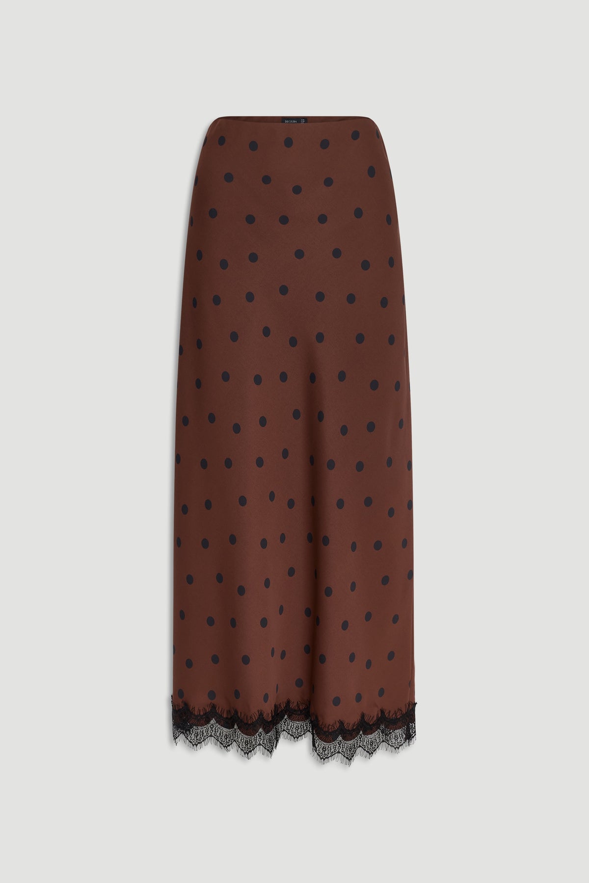 Brown maxi skirt with black polka dots and delicate lace trim along the hem for a refined finish