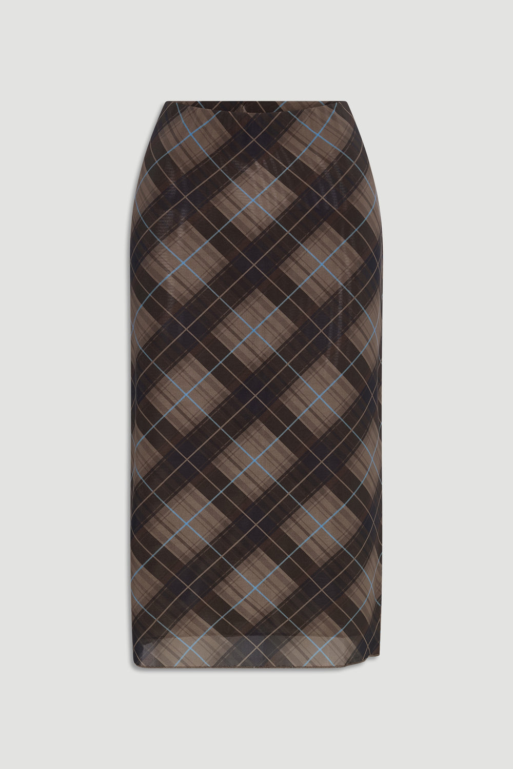 Knee-length mesh skirt featuring a soft brown and blue check pattern for a refined yet effortless style.