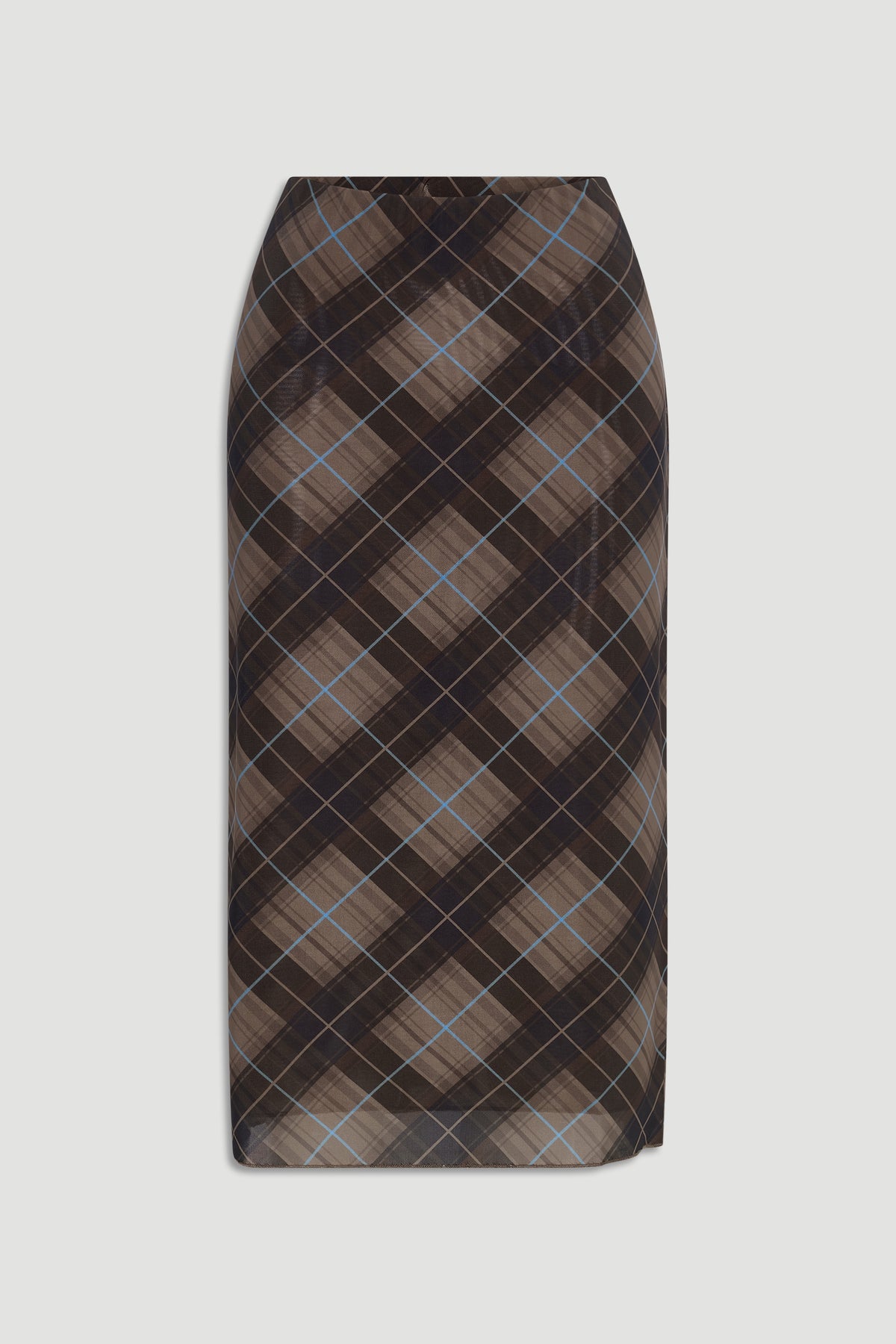 Knee-length mesh skirt featuring a soft brown and blue check pattern for a refined yet effortless style.