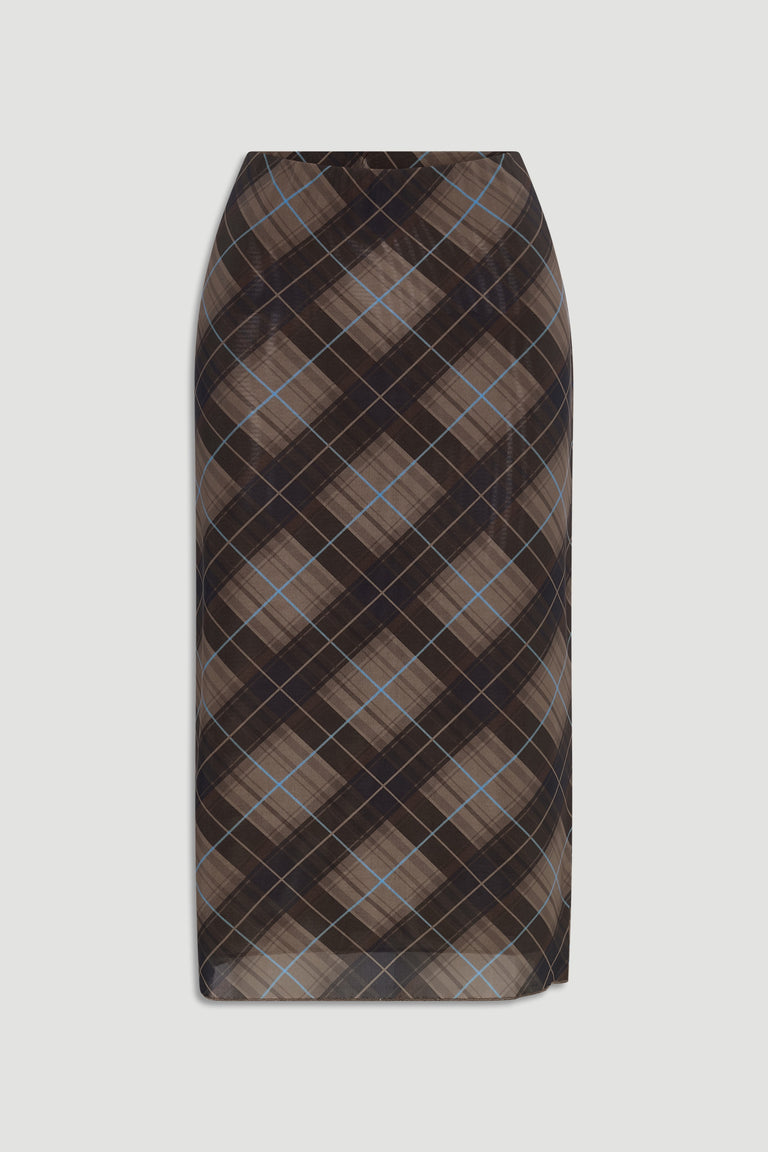 Knee-length mesh skirt featuring a soft brown and blue check pattern for a refined yet effortless style.