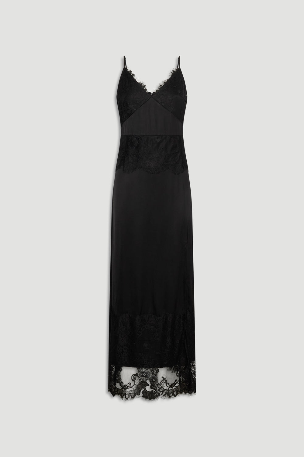 Elegant black maxi dress featuring delicate lace panels and thin straps for a sophisticated, timeless look
