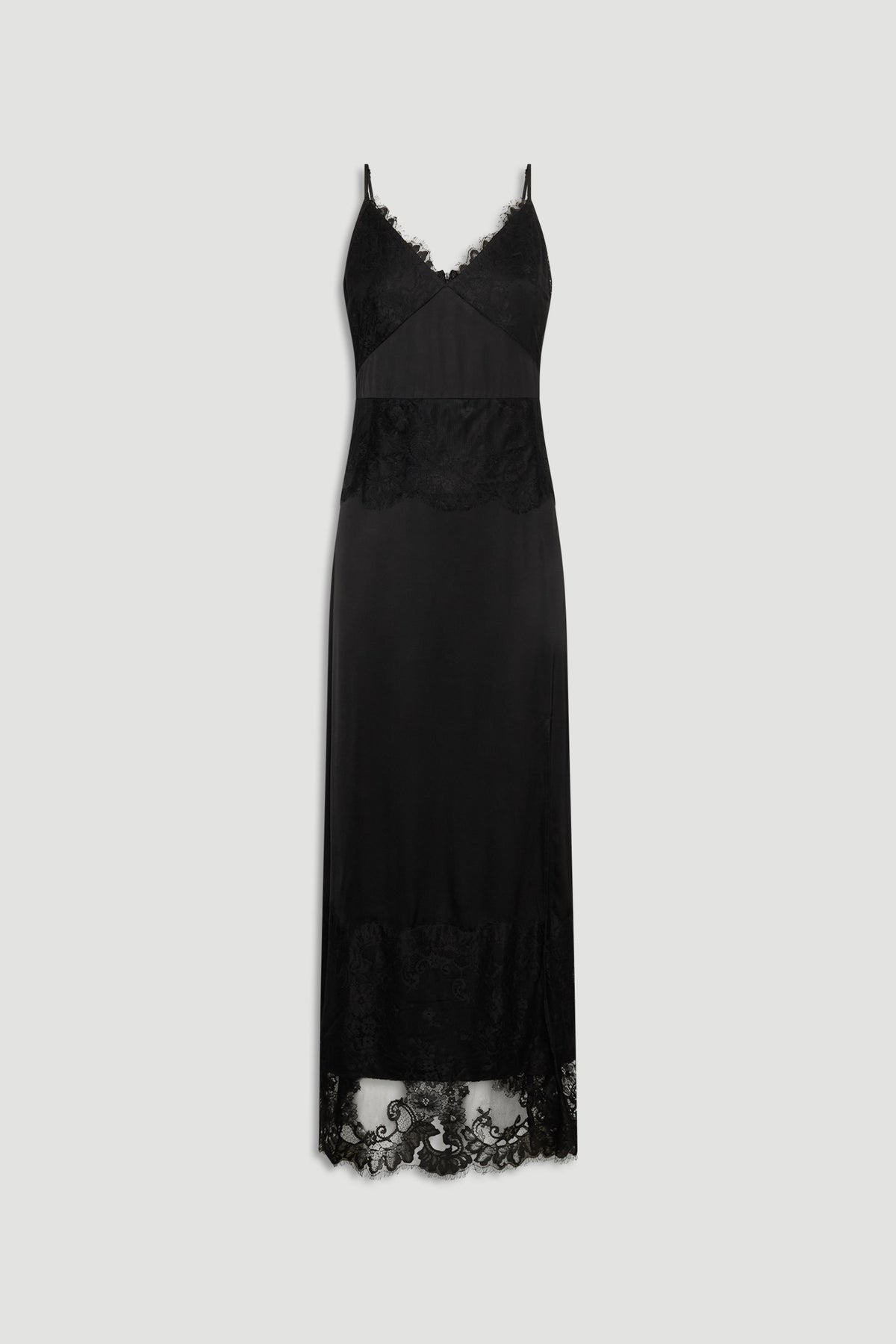Elegant black maxi dress featuring delicate lace panels and thin straps for a sophisticated, timeless look